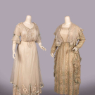 EMBROIDERED SILK NET EVENING GOWN &amp; COLONIAL REVIVAL DRESS, 1910s