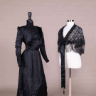 BLACK SILK SATIN MOURNING DRESS &amp; BEADED LACE SHAWL, 1910