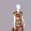 VIBRANT PRINTED SILK HOSTESS DRESS, C. 1940