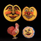 ONE SILK ROOSTER &amp; THREE PAPER MOON FACE LANTERNS, EARLY 20TH C