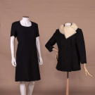 CHIC BLACK WOOL TWILL &amp; MINK DRESS SET, C. 1960