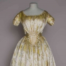 YELLOW SILK BROCADE BALLGOWN, 1840s