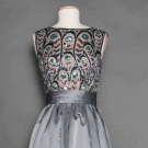 BEADED GREY SATIN BALL GOWN, c. 1960