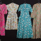 4 PRINTED HOUSE DRESSES, 1940s