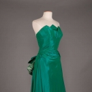 PEARLBERG BUSTLED GREEN EVENING DRESS, LATE 1940s- EARLY 1950s
