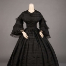 BROCADE 2ND STAGE MOURNING DRESS, EARLY 1860s