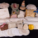 GENEROUS LOT OF SEWING ACCESSORIES, CUSHIONS &amp; DOILIES, 19TH-EARLY 20TH C