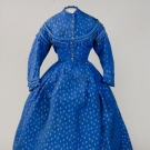 BLUE SILK BROCADE DAY DRESS, 1860s